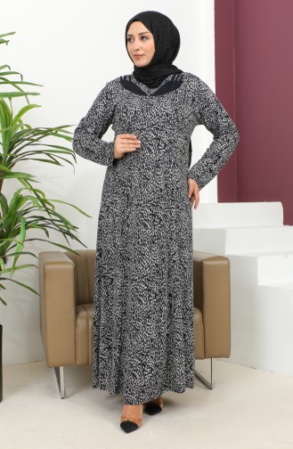Plus Size Stone Printed Patterned Dress 4827-01 Navy Blue 4827-01