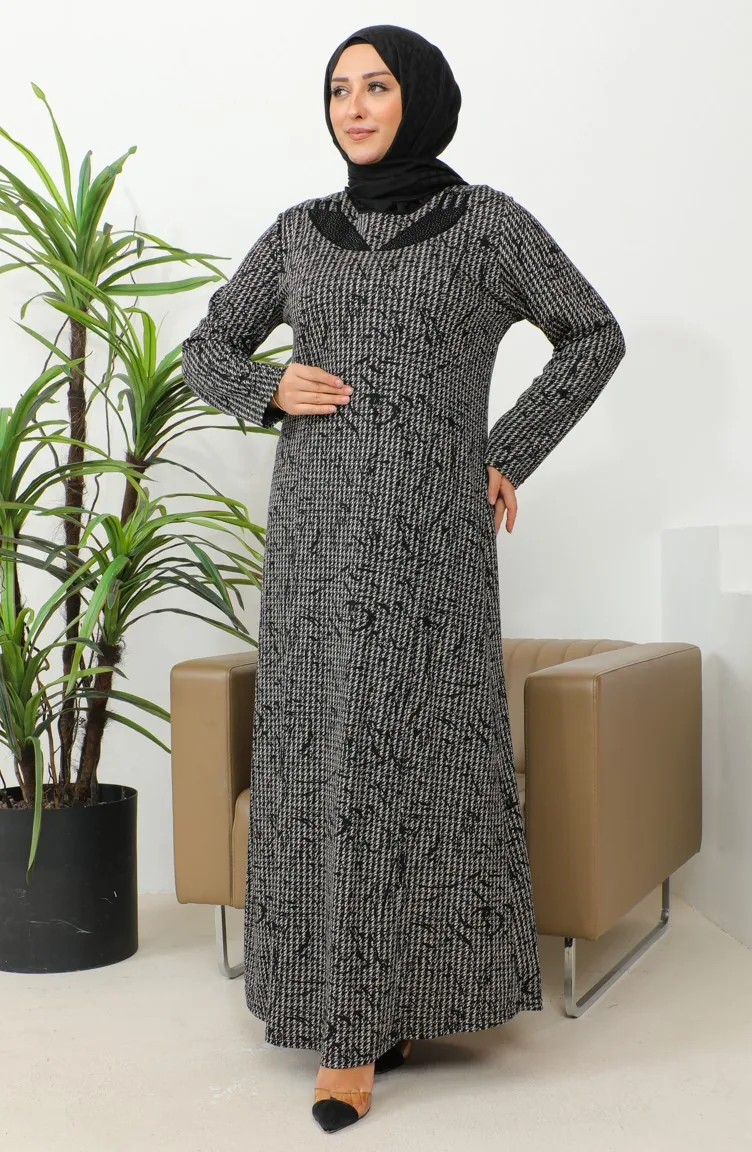 Robe à Motifs Pierre Imprimée Grande Taille 4827A-01 Noir 4827A-01