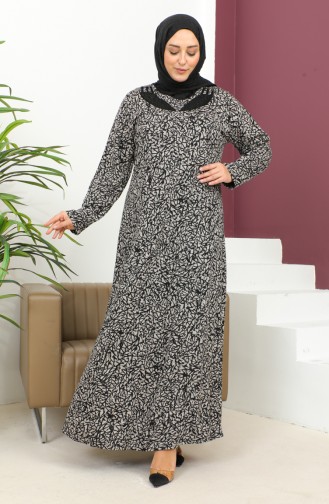Plus Size Stone Printed Patterned Dress 4827c-01 Black 4827C-01