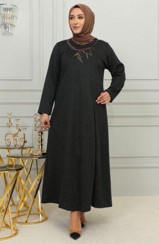Büyük Beden Nakışlı Çelik Örme Elbise 4878-01 Siyah