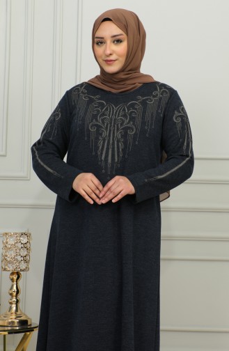 Büyük Beden Nakışlı Viskon Elbise 4958-02 Lacivert
