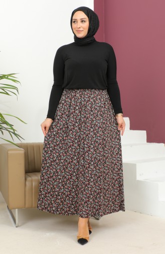 Plus Size Elastic Waist Patterned Skirt 2830b-02 Claret Red 2830B-02