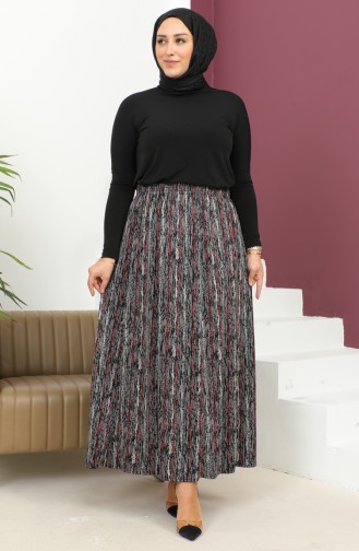 Plus Size Elastic Waist Patterned Skirt 2830C-02 Claret Red 2830C-02