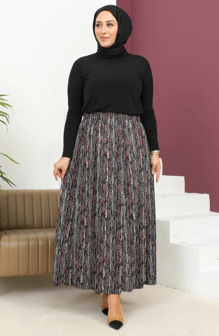 Plus Size Elastic Waist Patterned Skirt 2830C-02 Claret Red 2830C-02