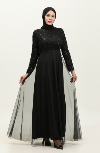 Sequined Tulle Evening Dress 3412-01 Black 3412-01