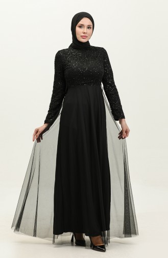 Robe De Soirée Tulle A Paillettes 3412-01 Noir 3412-01