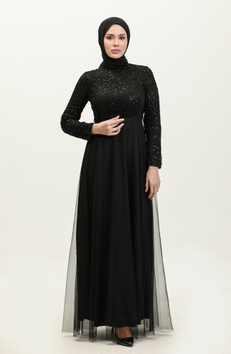 Sequined Tulle Evening Dress 3412-01 Black 3412-01