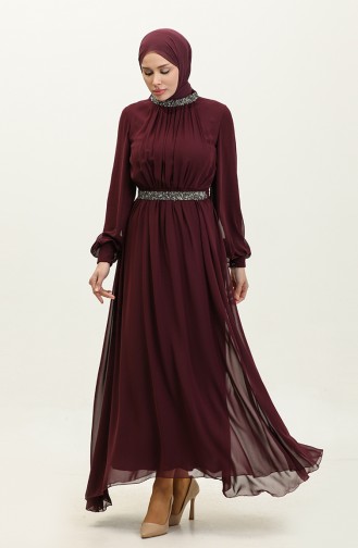 Robe De Soirée Plissée Lapidée 5339A-01 Pourpre 5339A-01