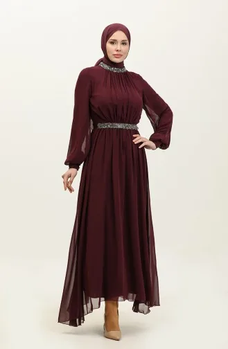 Robe De Soirée Plissée Lapidée 5339A-01 Pourpre 5339A-01