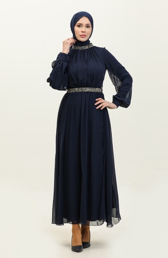 Stone Pleated Evening Dress 5339A-04 Navy Blue 5339A-04
