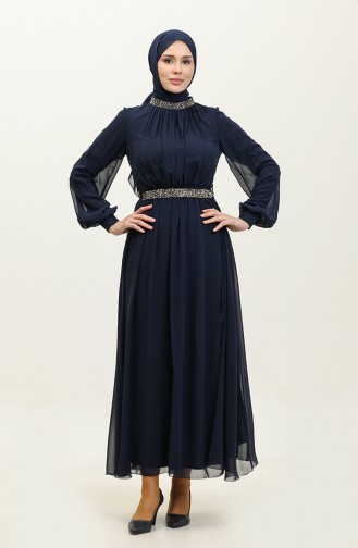 Stone Pleated Evening Dress 5339A-04 Navy Blue 5339A-04
