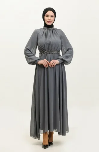 فستان سهرة مطوي بحجر 5339A-06 رمادي غامق  5339A-06