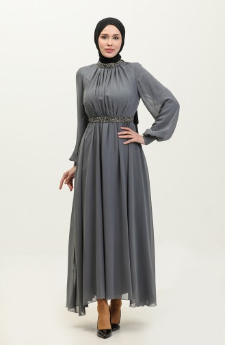 Stone Pleated Evening Dress 5339A-06 Dark Gray 5339A-06