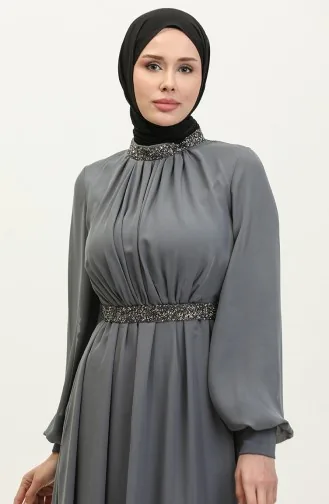 فستان سهرة مطوي بحجر 5339A-06 رمادي غامق 5339A-06