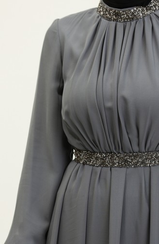 Stone Pleated Evening Dress 5339A-06 Dark Gray 5339A-06