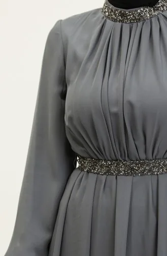 فستان سهرة مطوي بحجر 5339A-06 رمادي غامق 5339A-06