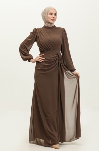 Pleated Belted Evening Dress 5711A-01 Brown 5711A-01