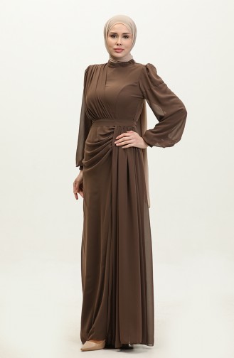 Pleated Belted Evening Dress 5711A-01 Brown 5711A-01