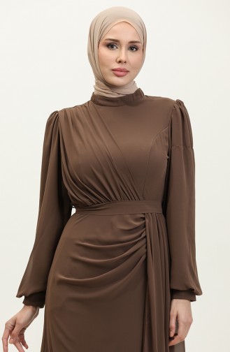 Pleated Belted Evening Dress 5711A-01 Brown 5711A-01