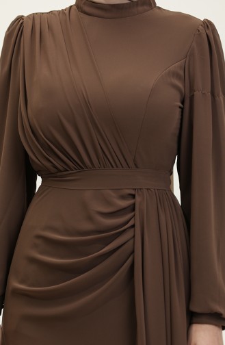 Pleated Belted Evening Dress 5711A-01 Brown 5711A-01
