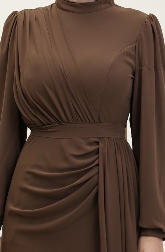 Robe De Soirée Plissée à Ceinture 5711A-01 Marron 5711A-01