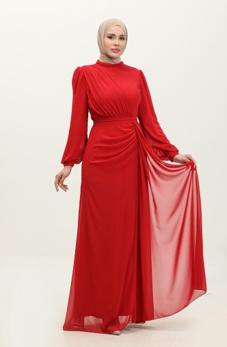 Pleated Belted Evening Dress 5711a-06 Claret Red 5711A-06