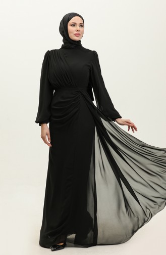 Pleated Belted Evening Dress 5711a-08 Black 5711A-08