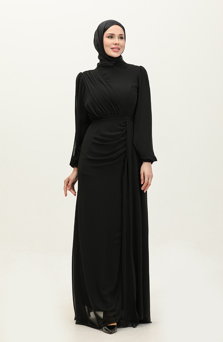 Robe De Soiree Plissee a Ceinture 5711A 08 Noir 5711A 08 Sefamerve