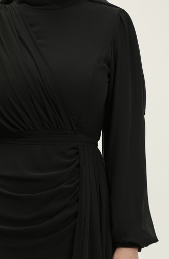 Pleated Belted Evening Dress 5711a-08 Black 5711A-08