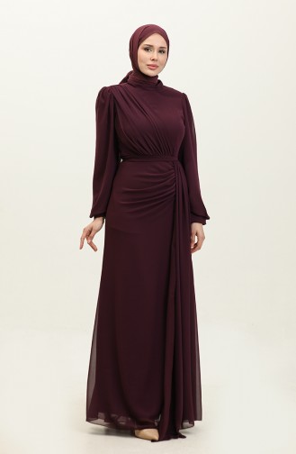 Pleated Belted Evening Dress 5711a-10 Purple 5711A-10