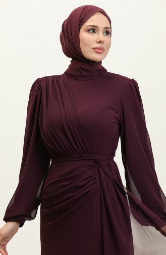 Robe De Soirée Plissée à Ceinture 5711A-10 Pourpre 5711A-10