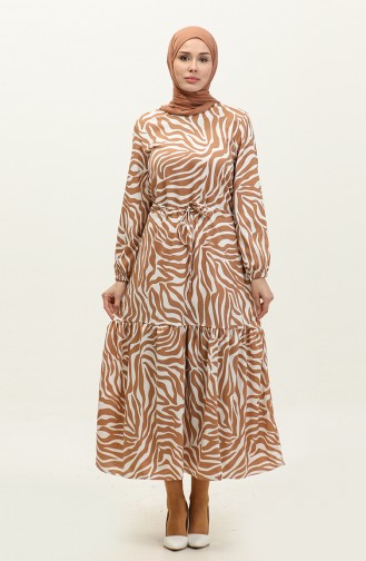 Shirred Waist Patterned Dress 850-02 Milky Coffee 1850-02