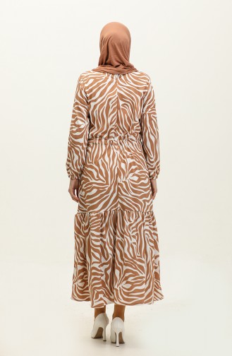 Shirred Waist Patterned Dress 850-02 Milky Coffee 1850-02