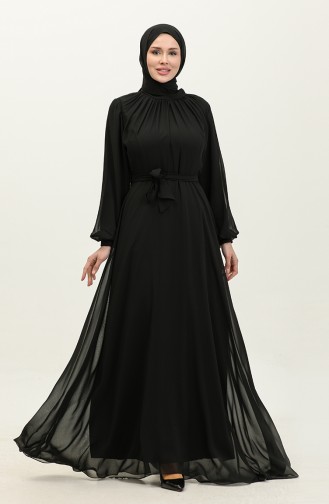 Robe De Soirée Mousseline Plissée 3455-01 Noir 3455-01