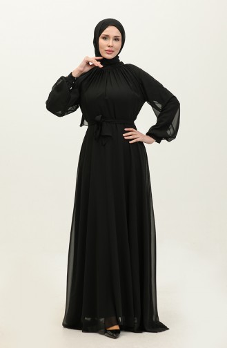 Pleated Chiffon Evening Dress 3455-01 Black 3455-01