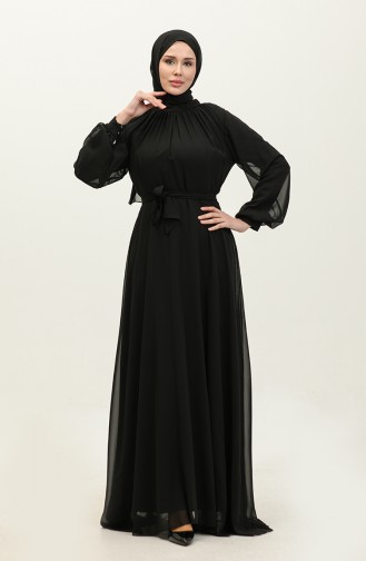 Robe De Soirée Mousseline Plissée 3455-01 Noir 3455-01