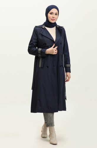 Two-Tone Lined Women`s Trench Coat Navy Blue 6871.LACİVERT