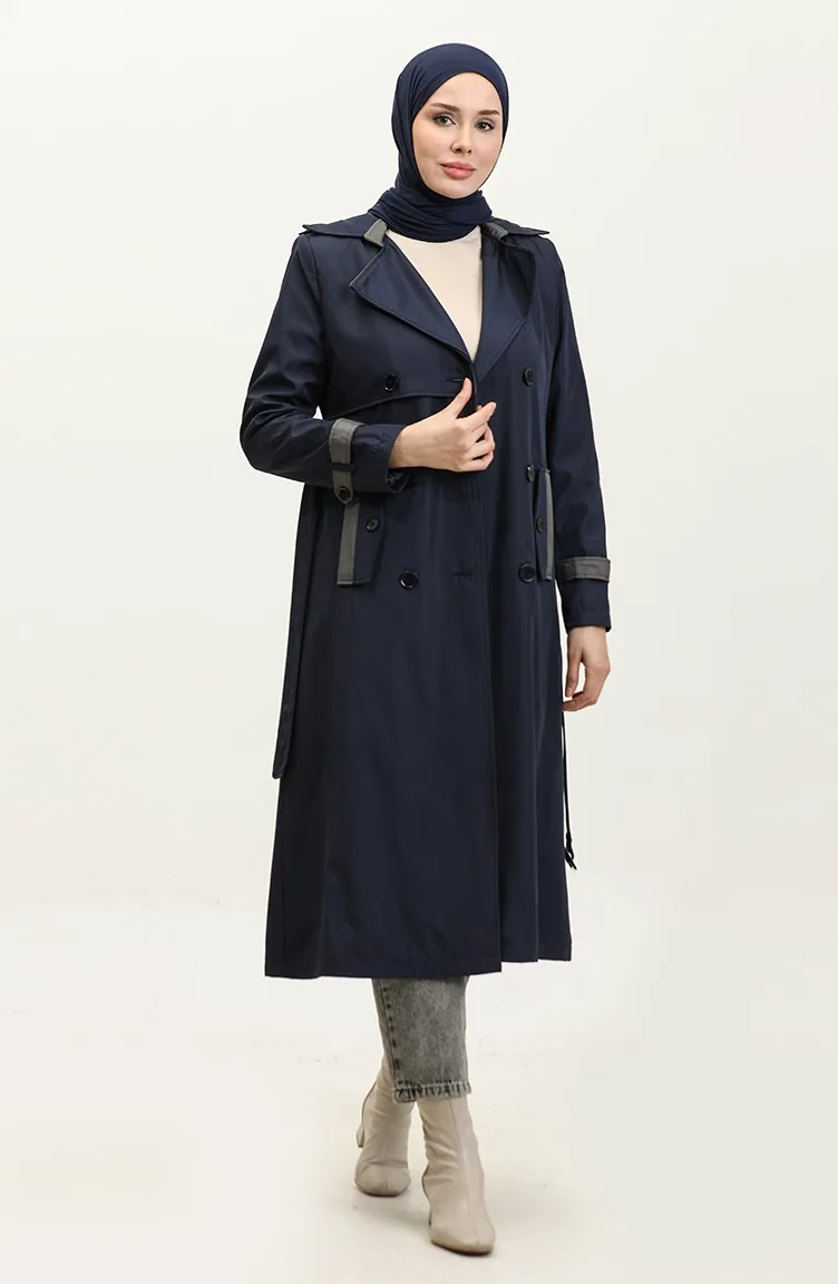 Marineblauwe Damestrenchcoat Met Tweekleurige Voering 6871.LACİVERT