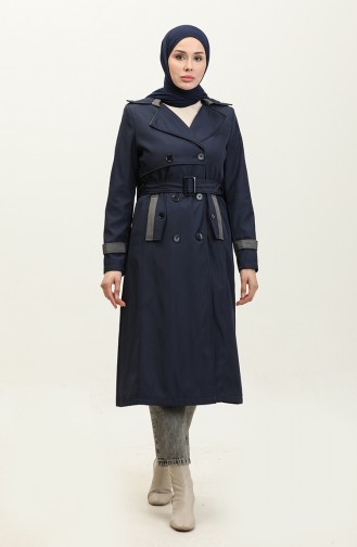 Two-Tone Lined Women`s Trench Coat Navy Blue 6871.LACİVERT