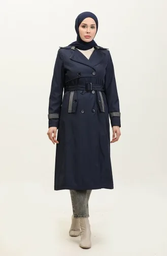 Marineblauwe Damestrenchcoat Met Tweekleurige Voering 6871.LACİVERT