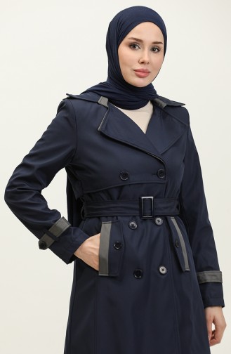 Two-Tone Lined Women`s Trench Coat Navy Blue 6871.LACİVERT