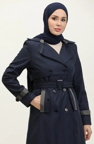 Marineblauwe Damestrenchcoat Met Tweekleurige Voering 6871.LACİVERT