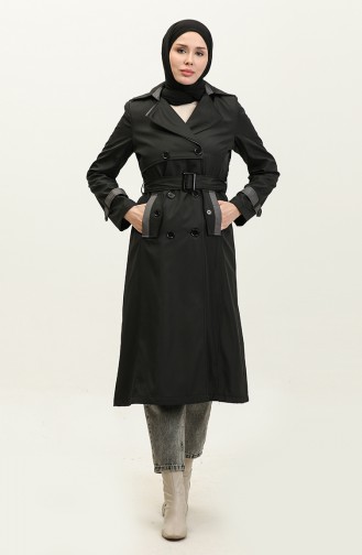 Tweekleurige Gevoerde Damestrenchcoat Zwart 6871.SİYAH
