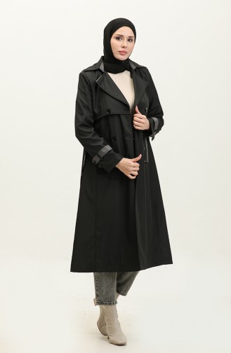 Tweekleurige Gevoerde Damestrenchcoat Zwart 6871.SİYAH
