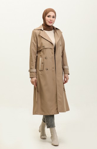 Two-Tone Lined Women`s Trench Coat Mink 6871.VİZON