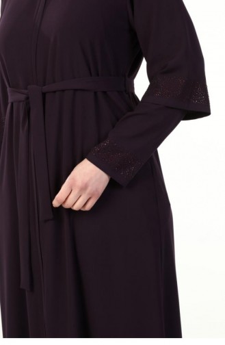 Summer Plus Size Abaya With Stone Sleeves Plum 6018.Mürdüm