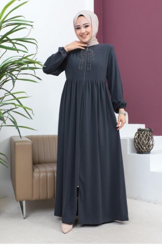 6129Smr Geborduurde Abaya Grijs Met Kralen 5946