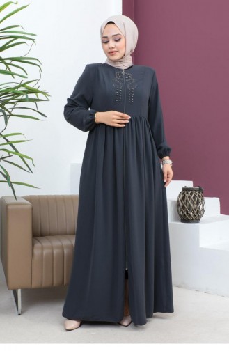 6129Smr Geborduurde Abaya Grijs Met Kralen 5946