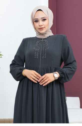 6129Smr Geborduurde Abaya Grijs Met Kralen 5946