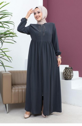 6129Smr Geborduurde Abaya Grijs Met Kralen 5946